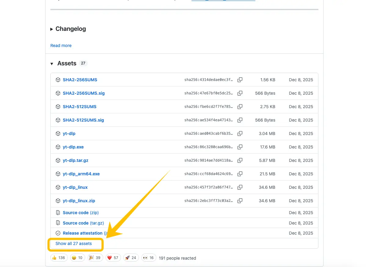 Clicking Show all assets on GitHub release page
