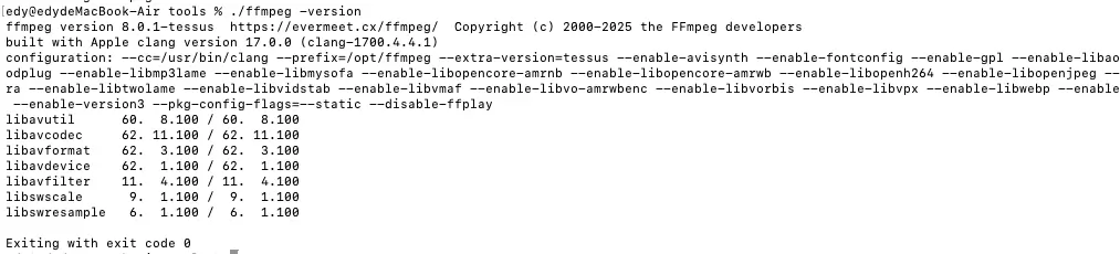 Verifying FFmpeg installation by checking the version in Mac Terminal