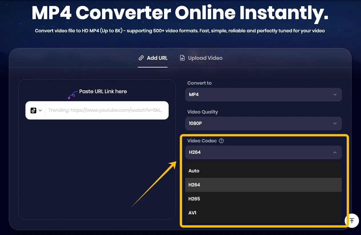 Choose H264 or H265 video codec
