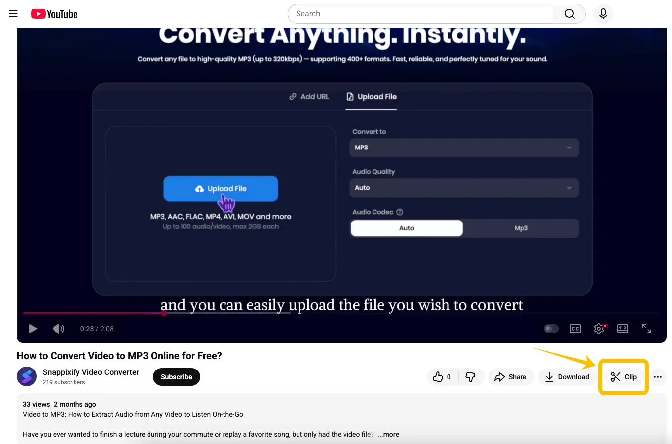 Location of the Clip icon under the YouTube video player