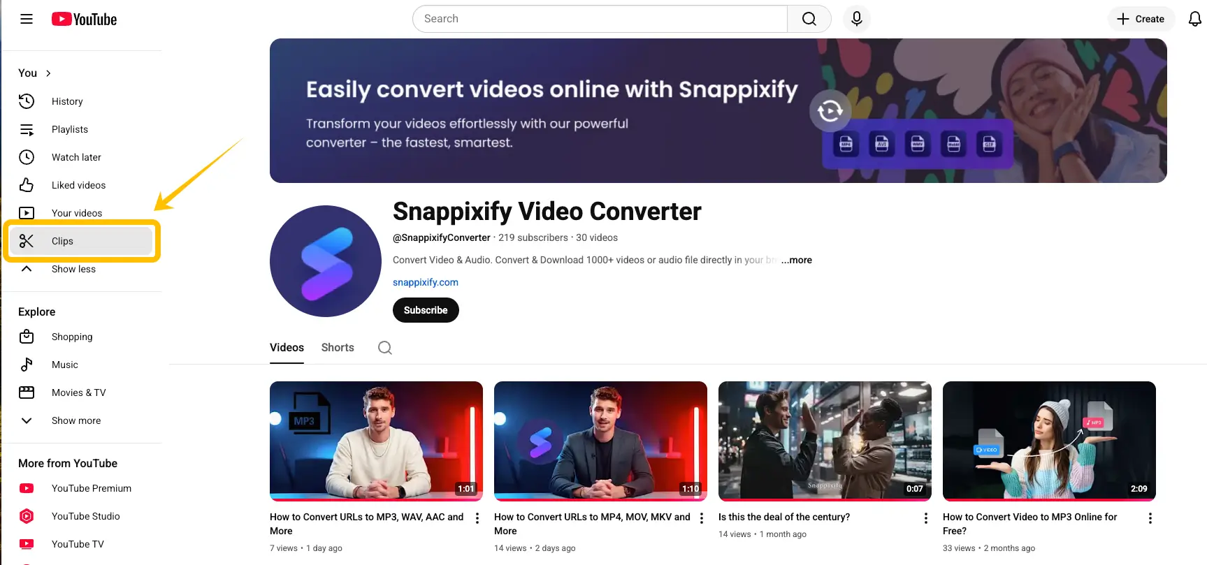 The "Your Clips" option in the YouTube sidebar menu